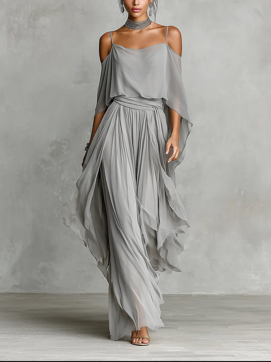 Perle · Conjunto de Gasa Gris con Top Fluido y Pantalón