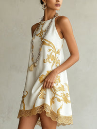 Héloïse · Vestido Mini de Encaje Blanco con Motivos Dorados