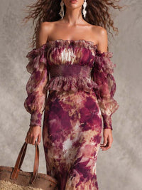 Rosanne | Robe Maxi en Mousseline, Épaules Dénudées, Rose Pâle Fleurie