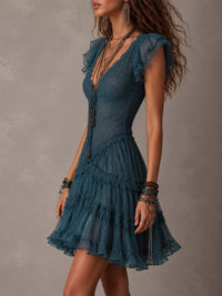 Delphine · Vestido Mini de Encaje y Gasa Azul Retro