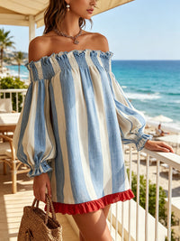 Ondine · Vestido Mini de Rayas Azul y Blanco con Hombros Descubiertos