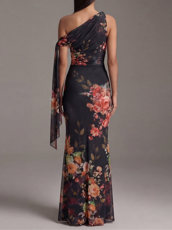 Noémie · Vestido Largo Plisado con Estampado Floral y Escote Asimétrico