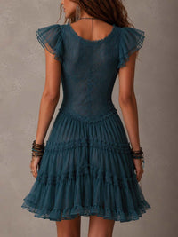 Delphine · Vestido Mini de Encaje y Gasa Azul Retro