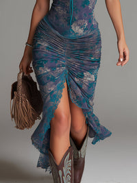 Iris | Robe Midi Imprimé Floral Bleu, Dentelle