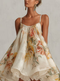 Blanche · Vestido Mini de Organza Floral Beige