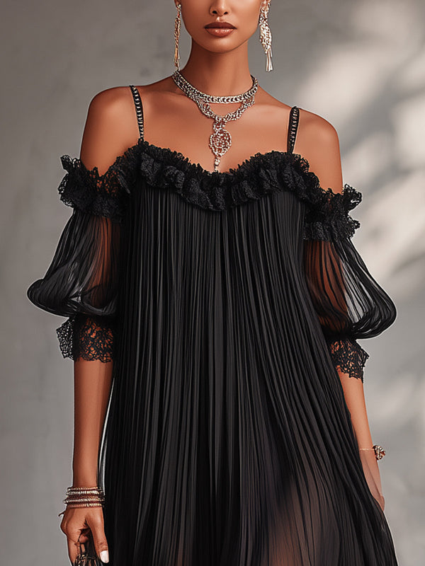 Camille | Vestido Mini de Gasa Negro con Hombros al Descubierto y Borde de Encaje