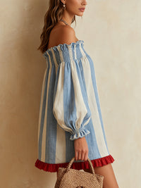 Ondine · Vestido Mini de Rayas Azul y Blanco con Hombros Descubiertos