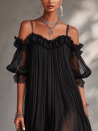Camille · Vestido Mini de Gasa Negro con Hombros Descubiertos