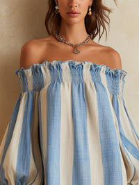 Ondine · Vestido Mini de Rayas Azul y Blanco con Hombros Descubiertos