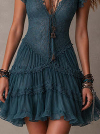Delphine · Vestido Mini de Encaje y Gasa Azul Retro