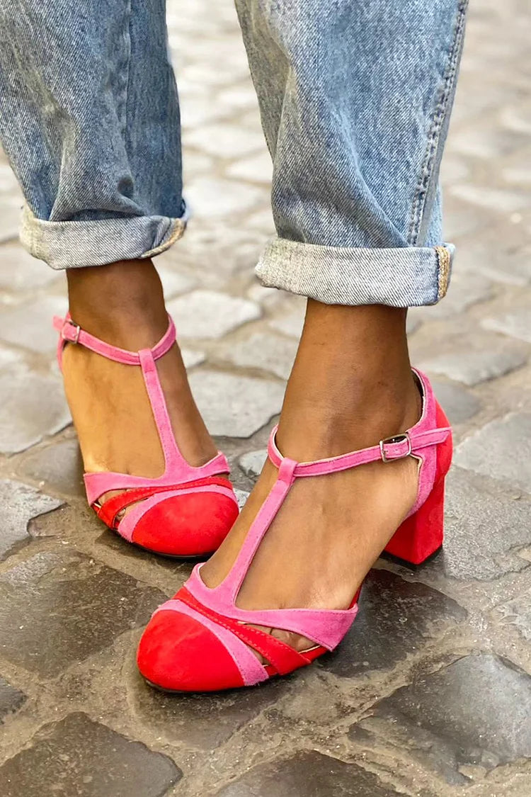 Tacones anchos cut-out color block Fucsia con hebilla y correa en T