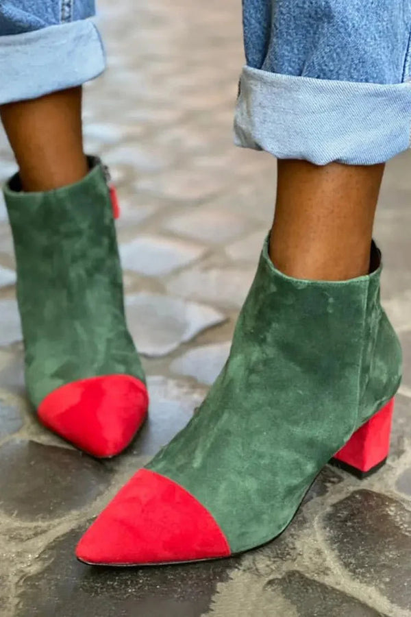 Botas con tacón largo color block Verde de punta con cremallera