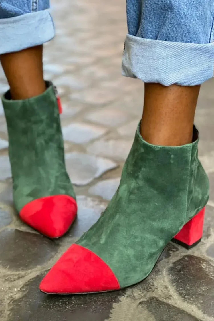 Botas con tacón largo color block Verde de punta con cremallera