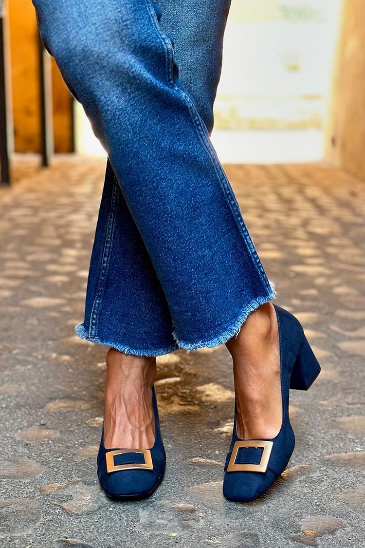 Tacones anchos patchwork Azul Marino de punta cuadrada