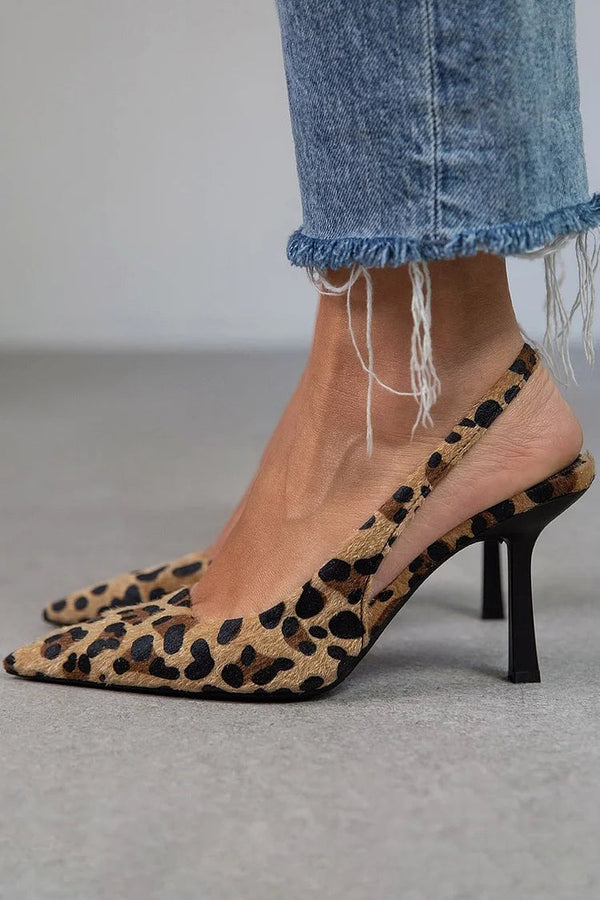 Tacones de aguja slingback estampado leopardo Caqui de punta