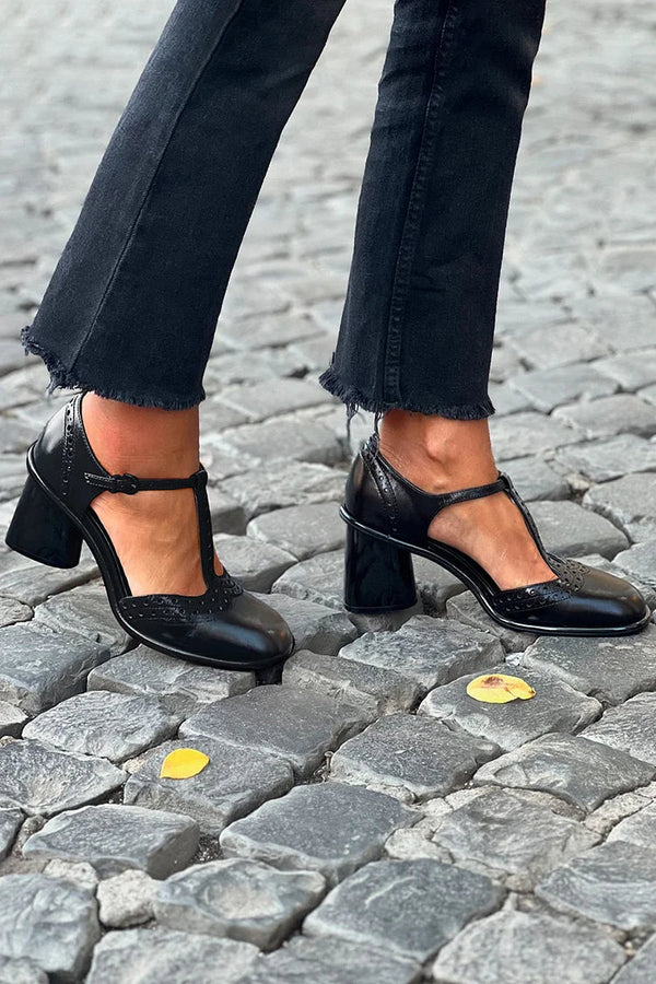 Tacones anchos Negro de punta redonda en color liso con hebilla y correa en T