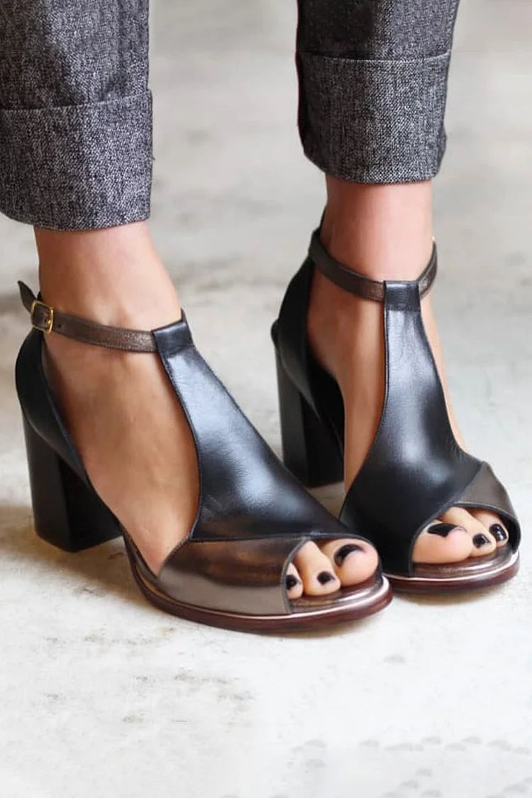 Tacones anchos peep toe patchwork Negro con correa al tobillo