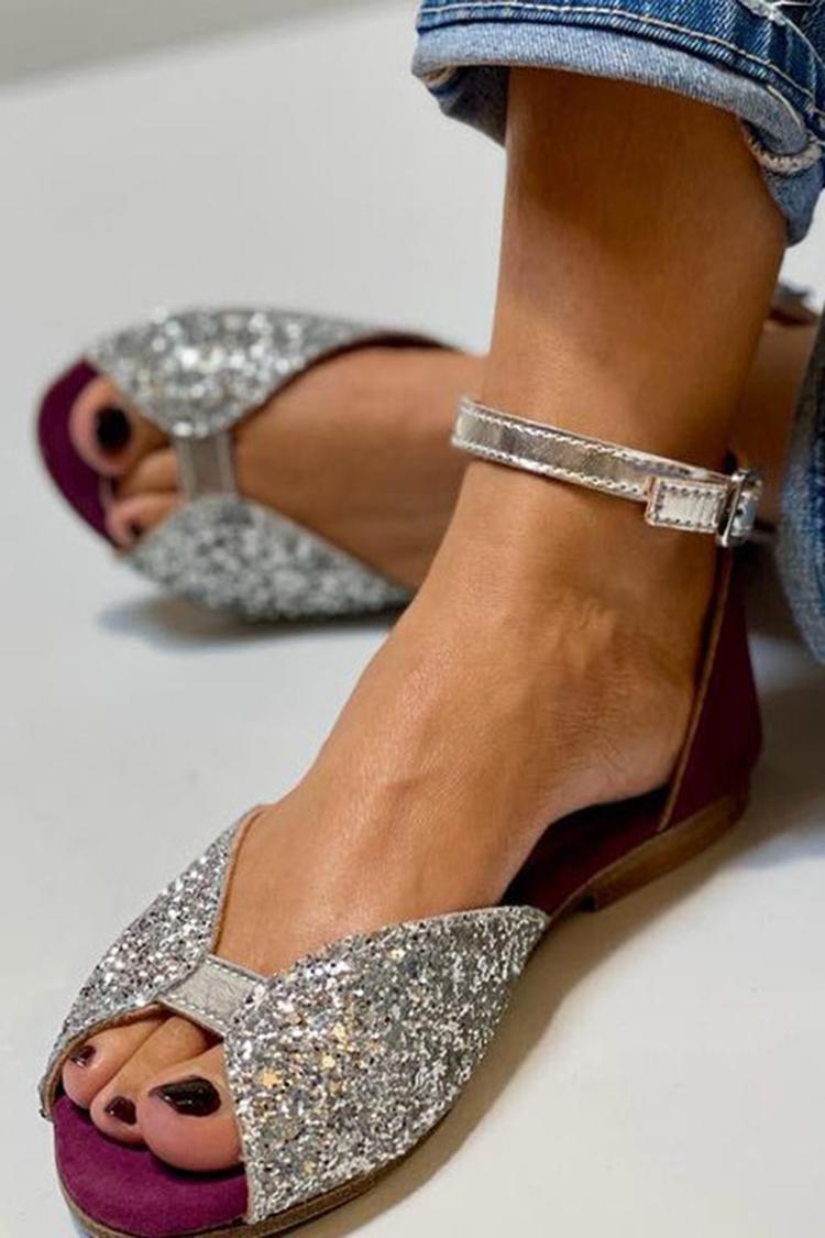 Sandalias peep toe glitter Plateado con correa al tobillo y hebilla