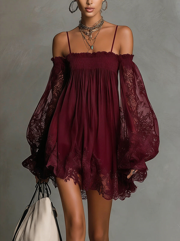 Noemi · Minivestido de Chifón Azul Marino con Escote Off-Shoulder, Encaje y Mangas Transparentes