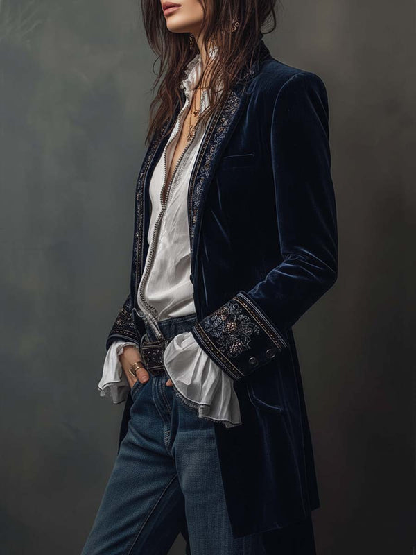 Athénaïs | Chaqueta larga vintage azul marino bordada