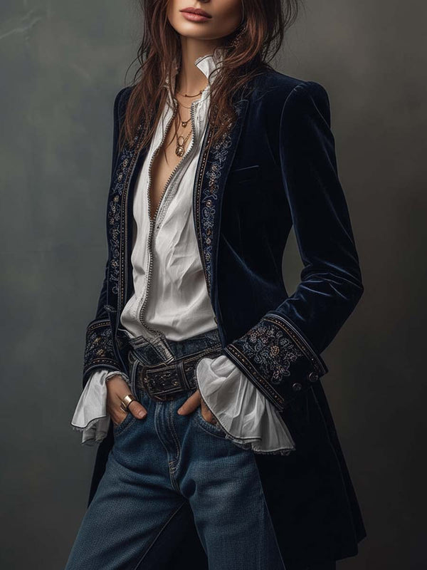 Athénaïs | Chaqueta larga vintage azul marino bordada