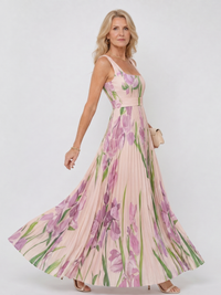 Robe Midi Sans Manches en Satin avec Décolleté Carré et Plis Élégants