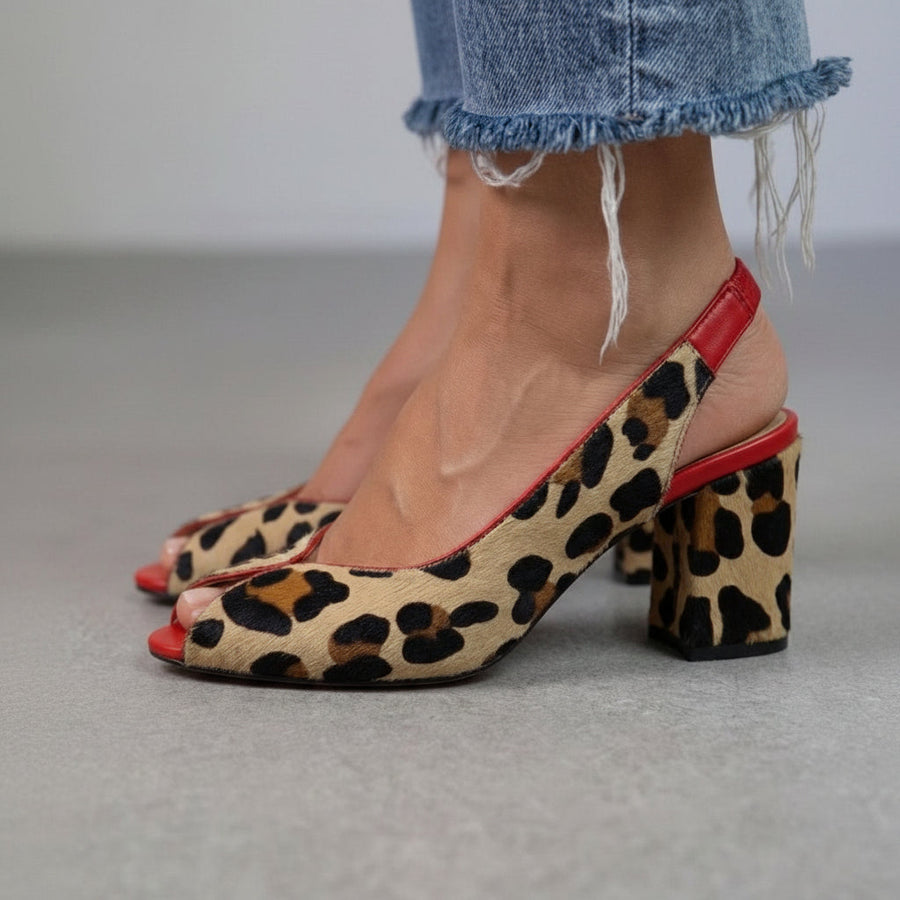 Tacones de bloque slingback peep toe estampado leopardo Rojo