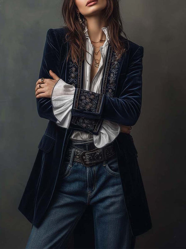 Athénaïs | Chaqueta larga vintage azul marino bordada