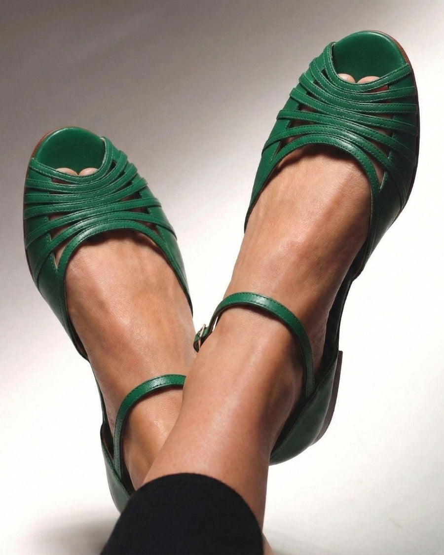 Sandalias peep toe trenzados bajos Verde con correa al tobillo
