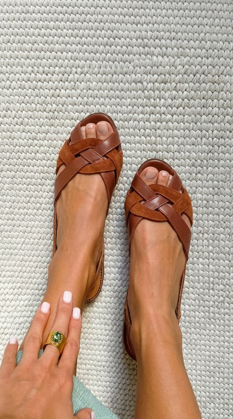 Sandalias slingback bajos Marrón de punta abierta con correas cruzadas