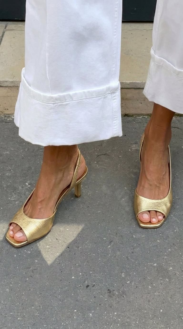 Tacones kitten slingback peep toe metalizados Dorado