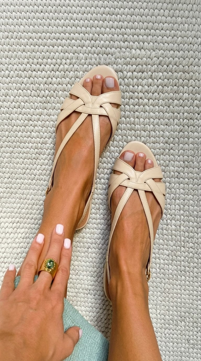 Sandalias slingback peep toe bajos Nude con correas cruzadas