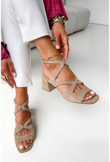 Tacones de bloque aterciopelados Beige de punta cuadrada con correa al tobillo