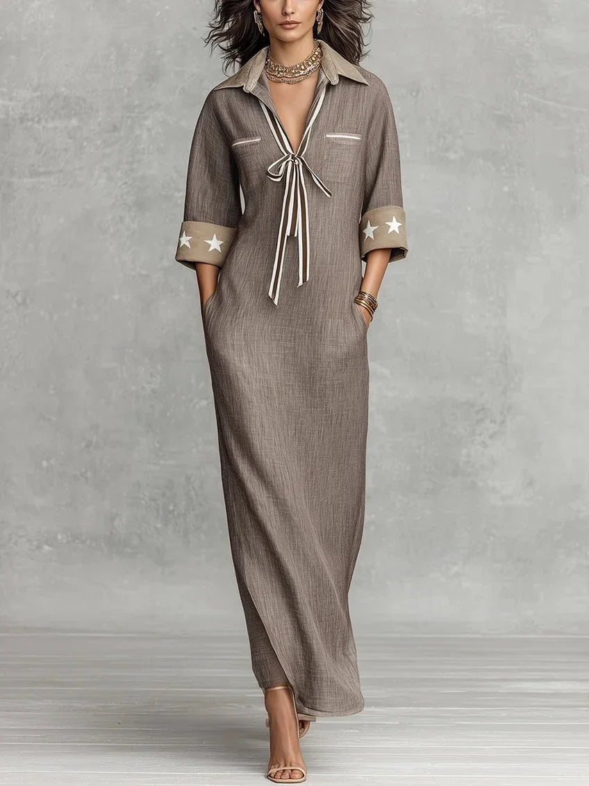 MAREN | Vestido maxi taupe de rayas en mezcla de lino™