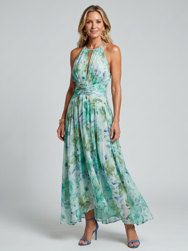 Portia · Vestido Midi de Crepé Plisado con Cuello Halter