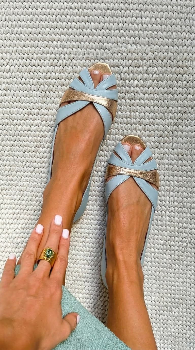 Bailarinas peep toe metalizadas y Azul y Dorado a incastro