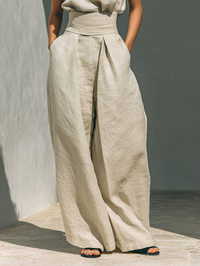 Maria™ | Conjunto completo con top de cuello alto y pantalones anchos de algodón y lino