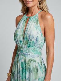 Robe Midi Portia en Crêpe Plissé avec Col Halter et Imprimé Floral