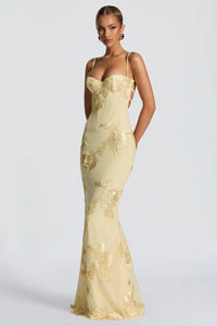 Anastasia | Vestido maxi de invitada con corsé bordado floral y tirantes finos™
