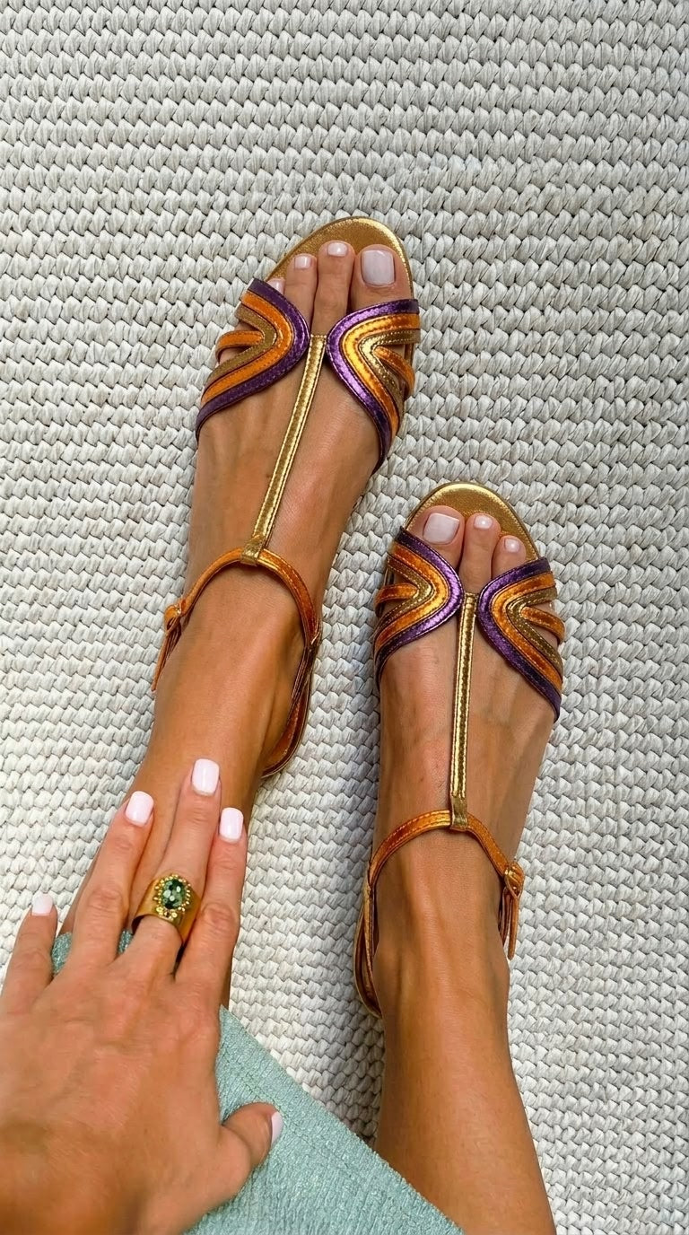 Sandalias peep toe metalizados Morado y Dorado con correa en T