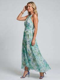 Robe Midi Portia en Crêpe Plissé avec Col Halter et Imprimé Floral