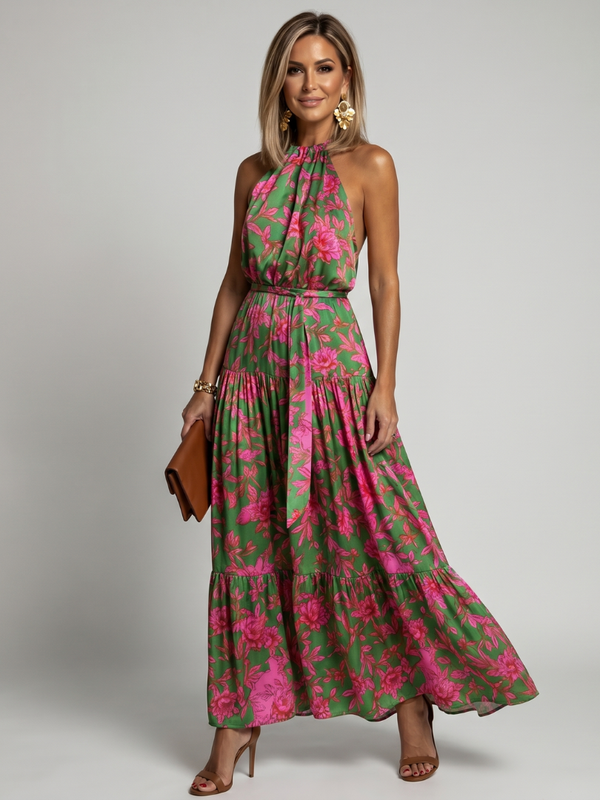 Vestido Midi Drapeado Rosa con Cuello Halter