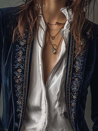 Athénaïs | Chaqueta larga vintage azul marino bordada
