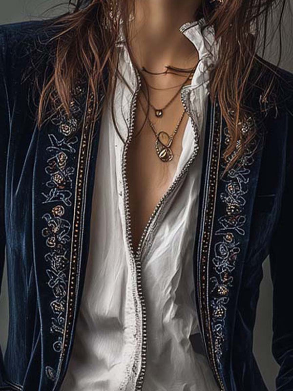 Athénaïs | Chaqueta larga vintage azul marino bordada