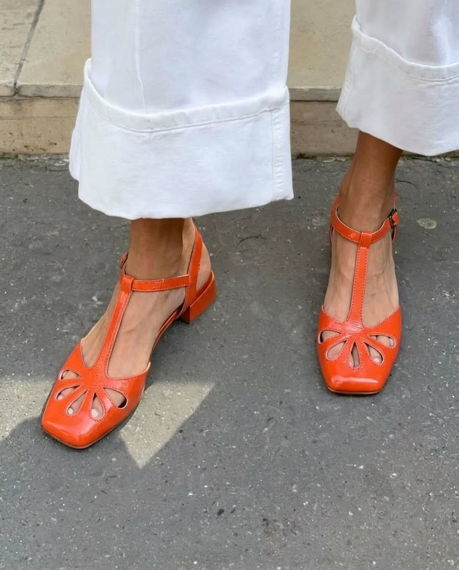 Tacones de bloque cut-out floreale Naranja de punta cuadrada con correa en T
