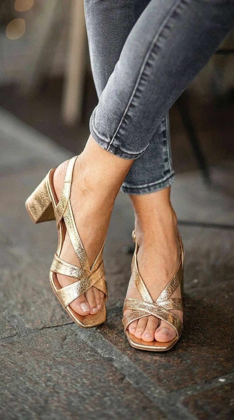Tacones de bloque slingback metalizados Dorado de punta cuadrada