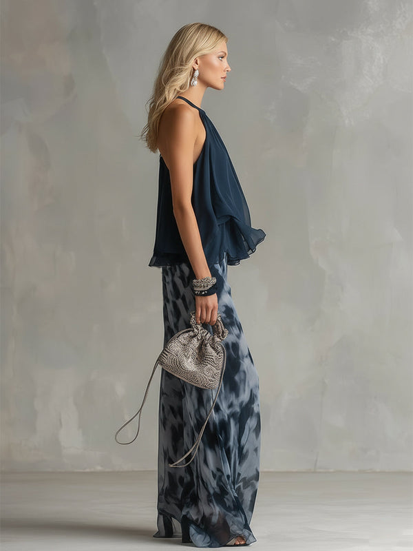 Ludovica · Conjunto de Top Halter Navy y Pantalón Palazzo Estampado