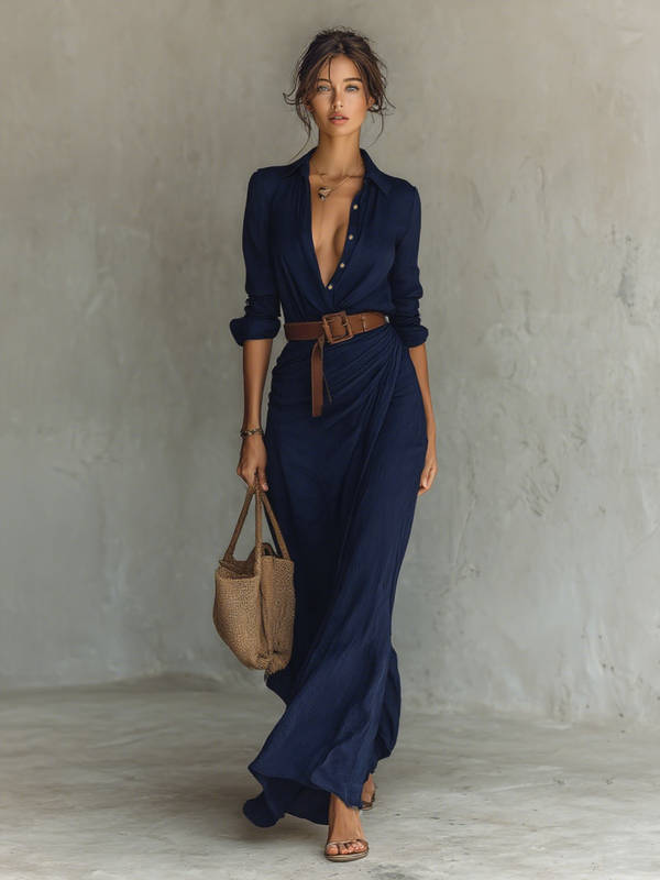Philippine · Vestido Largo con Cuello de Solapa y Manga Larga