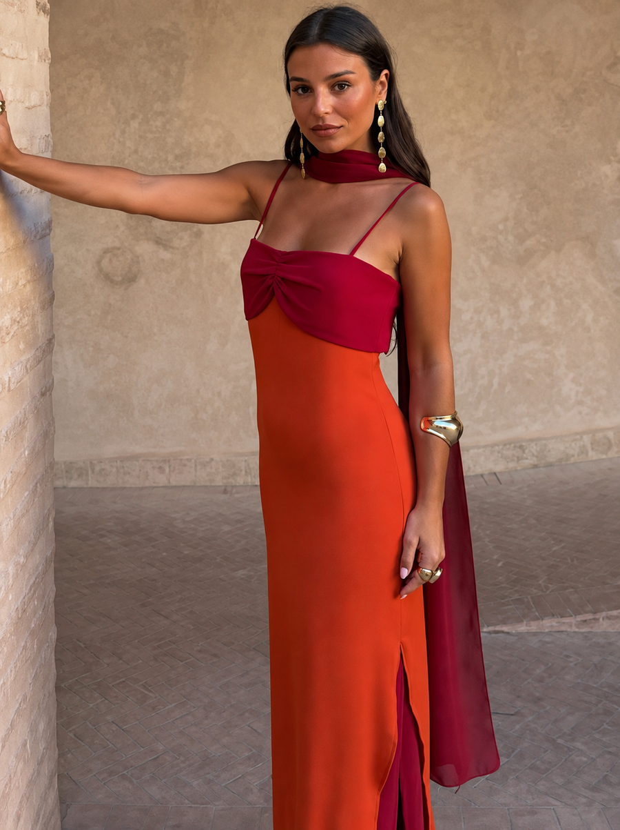 Vestido Largo Bicolor con Pañuelo — Rojo & Naranja