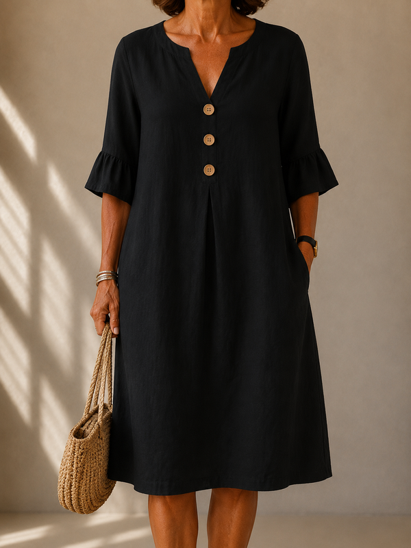 Isabelle · Vestido Negro con Botones y Corte Fluido